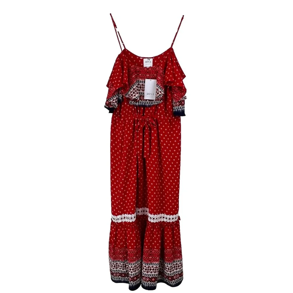 NWT‎ MISA Los Angeles Larsen Midi Dress Women XS Red Boho Cold Shoulder Ruffle
